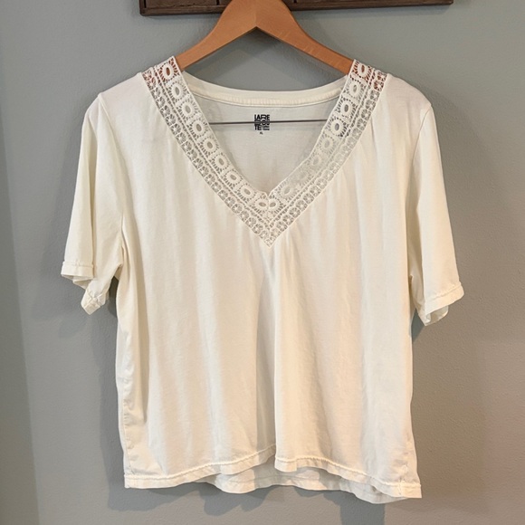 Laredoute Lace-Trimmed Cream V-Neck T Shirt Size XL - Picture 2 of 5